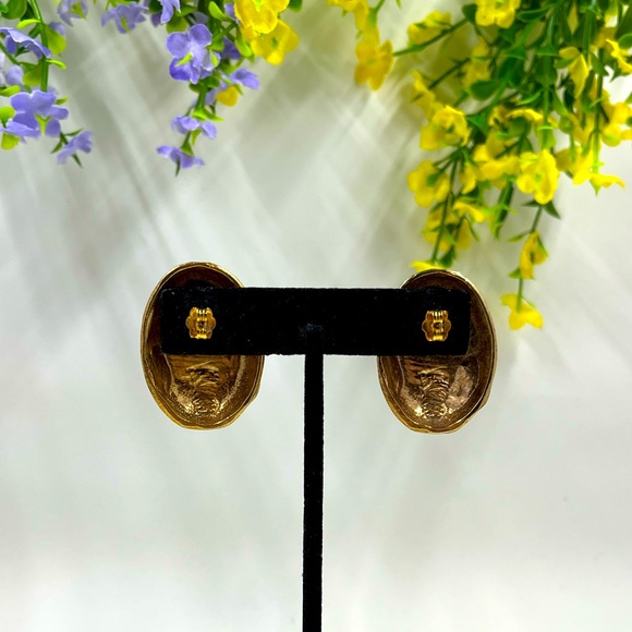 Oversized Oval Gold and Enamel Kintsugi Style Vintage Earrings - Picture 6 of 8